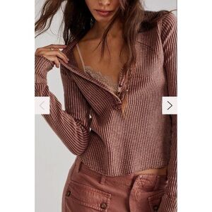 Free People One Colt Thermal Waffle Long Sleeve top Tan Academia XS Extra Small